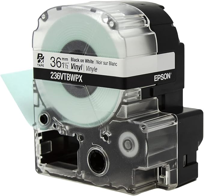 Epson LABELWORKS 236VTBWPX-5PK Genuine Tape Cartridge - Black on White Flexible and Durable Vinyl Industrial Label Maker Tape - 1.5" (36MM) Wide, 22.9 ft - 5 Pack