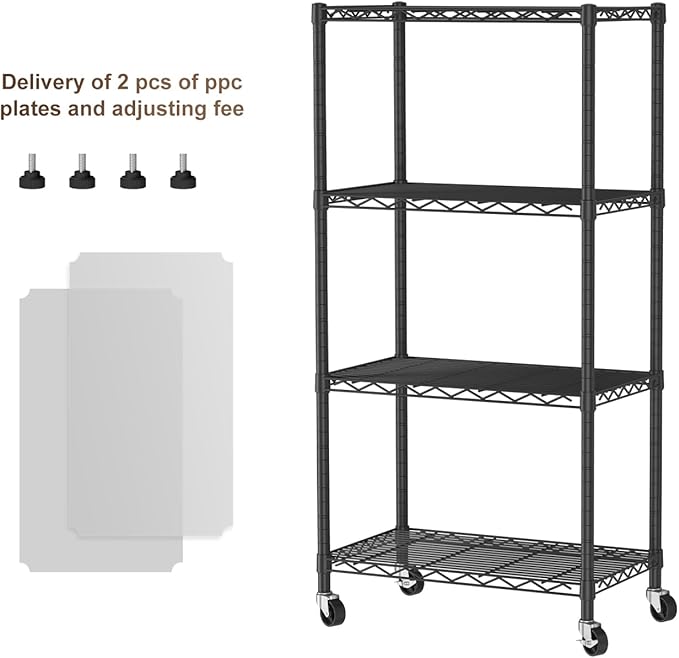 4 Tier Shelves Storage Shelf Wire Closet Bathroom Organizers Metal Pantry Kitchen Garage Shelving Unit Laundry Room Organization Home Rack Net Basket Black with Wheels 14”D X 24”W X 48.9”H