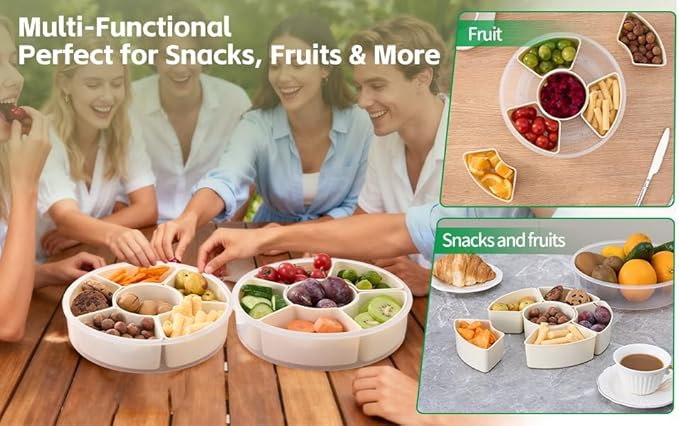 Divided Snack Container with Lid, 6-Compartment Round Snack Box with Handle, Portable Snack Tray for Fruits, Appetizers & Party Snacks, BPA-Free, Microwave & Dishwasher Safe