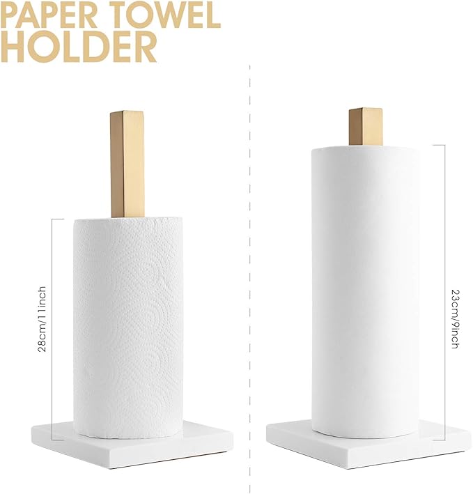LUTAVOY Paper Towel Holder Kitchen Standing Paper Towel Roll Holder with Marble Base for Bathroom Kitchen Countertop(Gold,White Base KZ20)