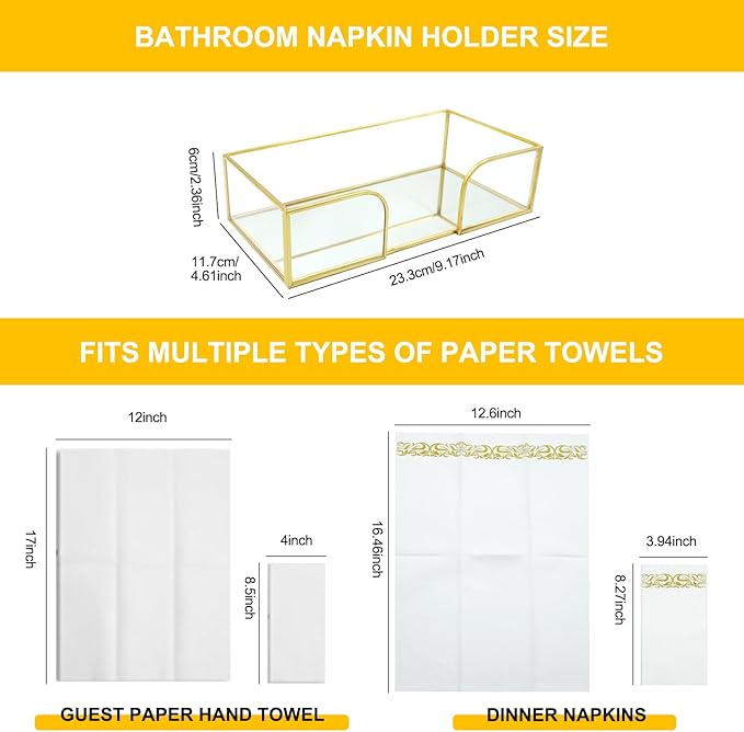 Shonmogar Guest Towel Holder - Glass Napkin Holder for Bathroom, Gold Bathroom Napkin Holder Tray Stylish Guest Towel Holder Tray for Bathroom Toilet Kithcen Dining Table Party Holiday Decor