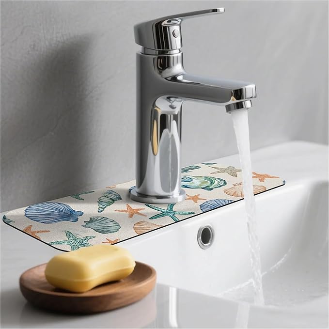 Kitchen Sink Splash Guard，Watercolor seashell and starfish Faucet Mat Sink Gadgets-Super Absorbent Fast Drying Mat Drip Catcher for Kitchen, Bathroom,Sink Mat, Dish Drying Mat, Bathroom(15" X 5.5" )