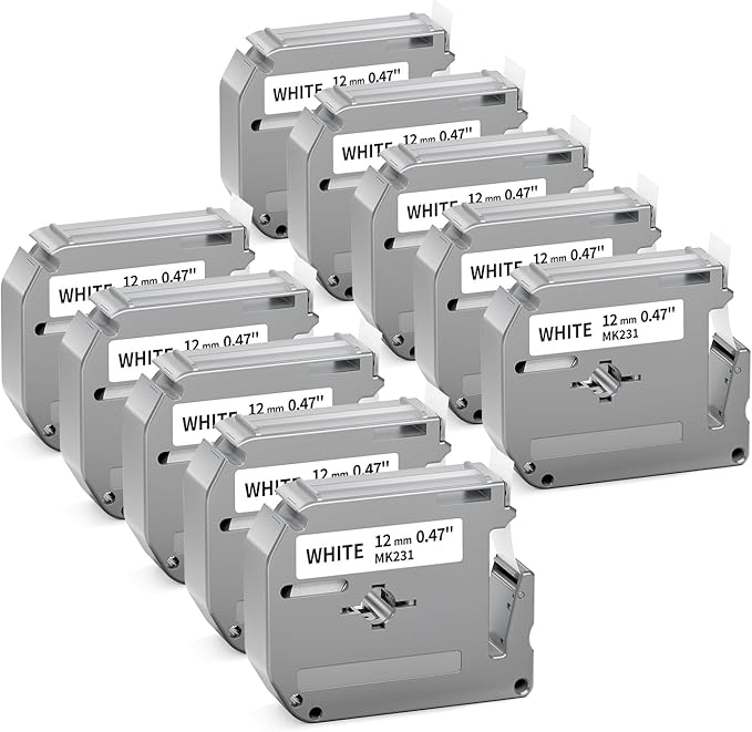 10 Pack M-K231 Label Tape Compatible with M-K231s Brother P Touch M Tape 12mm 0.47 White MK231 M231 M-231 Work for Brother PTM95 PT-M95 PT-65 PT-45 PT-80 PT-70 PT-90 Label Maker Refills