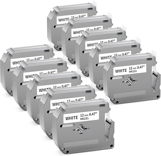 10 Pack M-K231 Label Tape Compatible with M-K231s Brother P Touch M Tape 12mm 0.47 White MK231 M231 M-231 Work for Brother PTM95 PT-M95 PT-65 PT-45 PT-80 PT-70 PT-90 Label Maker Refills
