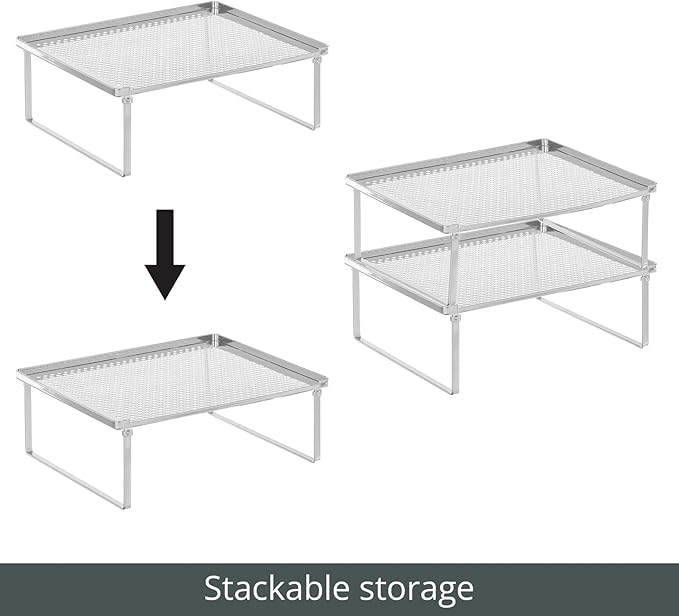 mDesign Metal Kitchen Shelf Organizer Rack - Stacker Storage Risers for Cabinet, Counter, Cupboard, or Pantry - Holder Stand for Plates, Dishes, Cups, Bowl, and Glasses - 2 Pack - Chrome