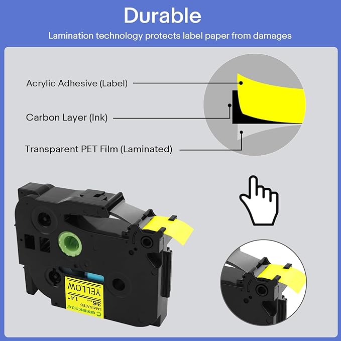 GREENCYCLE TZe-661 36mm 1.4 Laminated Yellow Tape Compatible for Brother P-Touch Label Maker Tape TZe661 TZ-661 Black on Yellow TZe TZ Label for Ptouch PT-910BT P900W P950W 530 550, 10 Pack