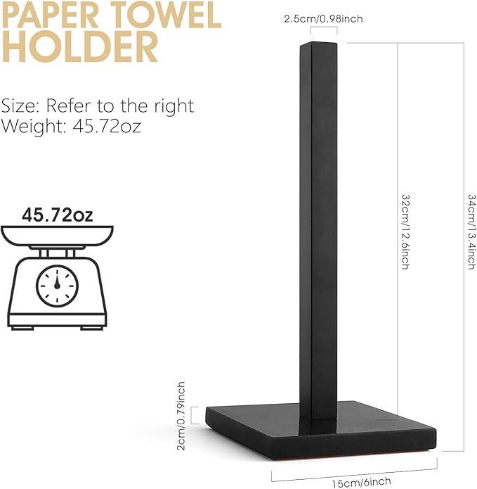 LUTAVOY Paper Towel Holder Kitchen Standing Paper Towel Roll Holder with Marble Base for Bathroom Kitchen Countertop(Matt Black,Black Base KZ50)