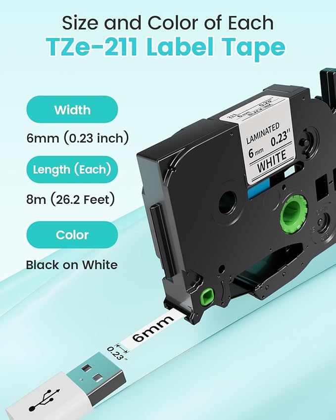 TZe-211 TZ Tape 6mm 0.23 Laminated White Replacement for Brother P Touch Label Maker Tape 6 mm for Brother PT-D220 PT-D210 PT-H110 PT-D400 PT-D600, 0.23 Inch, 4-Pack