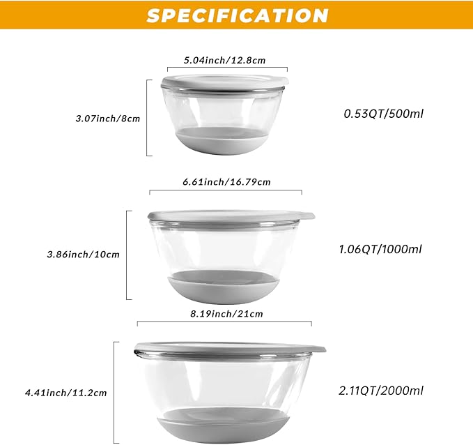 Mrs. Chou Glass Mixing Bowls HEAVY DUTY Top Choice for High-end Kitchens Extra-thick Glass Mixing Bowl Set of 3 with BPA-Free Airtight Lids Large Nesting Bowls with Non-Slip Silicone Base Well-made