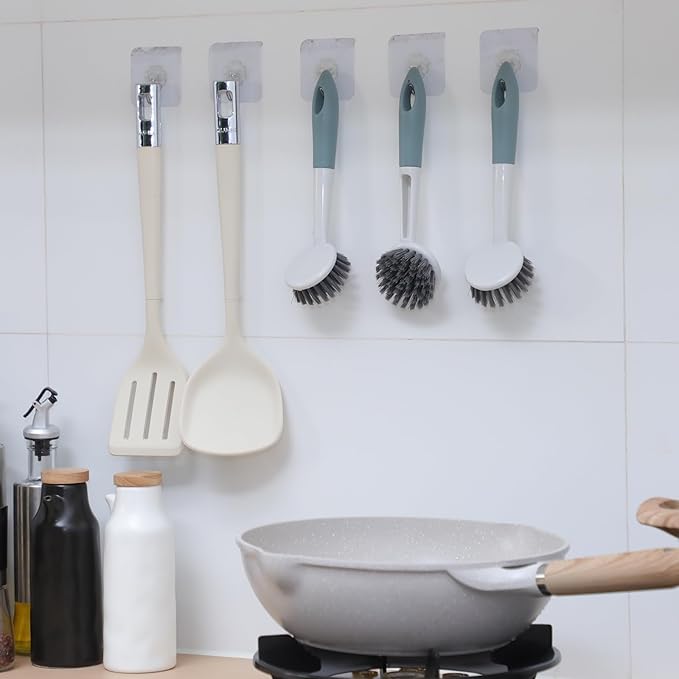 Patelai 48 Pack Kitchen Scrub Dish Brush with Long Handle Dish Scrubber with Stiff Bristles Scrub Brushes for Kitchen Dishes Washing Tools, Pots, Pans and Sink Cleaning (Celadon)