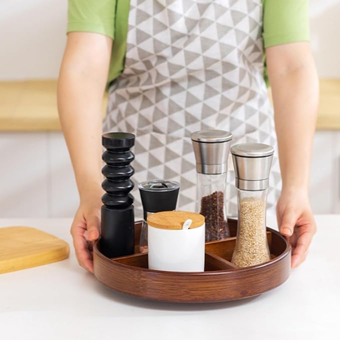 Bamboo Lazy Susan Organizer, 12'' Pantry Organizers with Removable Dividers, Rotating Spice Rack, Large Lazy Susan Turntable Organizer for Cabinet, Kitchen, Bathroom, Table