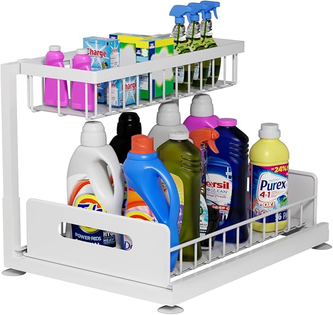 Lxmons 2-Tier Under Sink Slide Out Organizer, Pull Out Cabinet Storage Shelf with Sliding Wire Basket Drawer for Bathroom Kitchen, Countertop or Pantry Shelf, White
