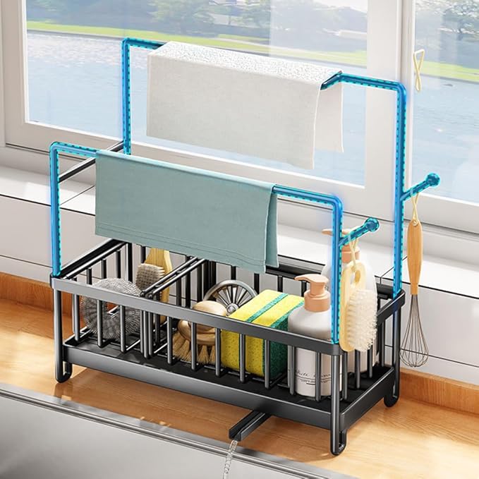 Sink Caddy with Drain Pan, Sponge and Dishcloth Holder, Rustproof Stainless Steel Organizer, Removable Brush Holder, Auto Drain Tray