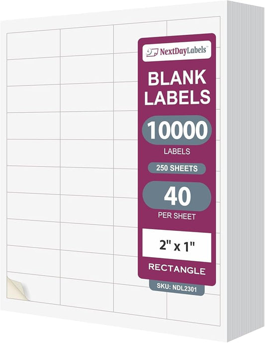 NextDayLabels 2x1 Inch Rectangle Stickers White Blank Labels for Laser Inkjet Printer - 40 Per Sheet Self-Adhesive Address Mailing Name Tags Made in USA - 10,000 Labels