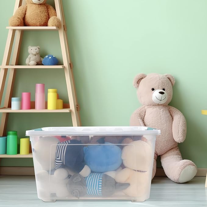 4 Packs 85 Quarts Large Clear Storage Boxes with Wheels, Plastic Latching Bins Totes Set