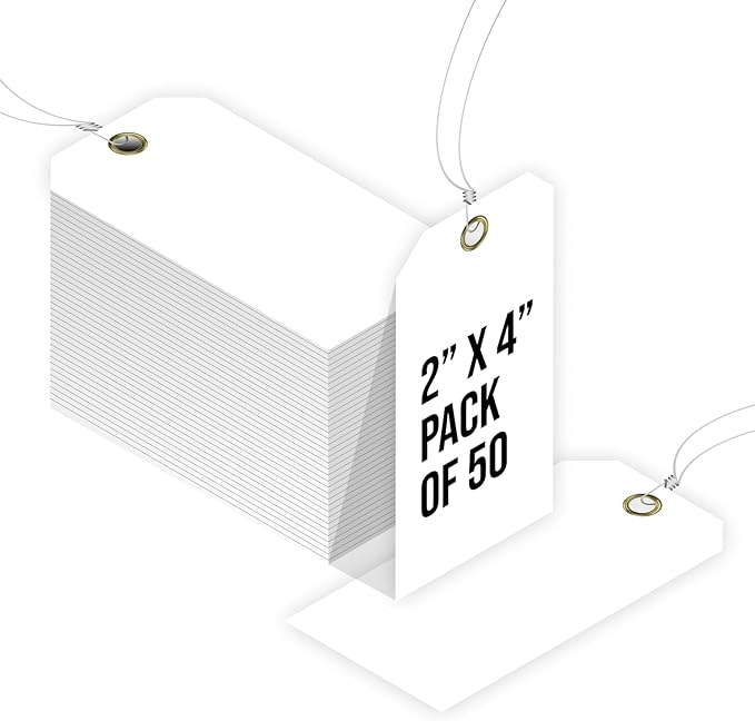 Tags 4 Less 15 Mil Blank Plastic Hang Tags with Attached Wires – 2" x 4" Heavy Duty Waterproof Hanging Labels for Outdoor Tagging, Equipment, Luggage, Valves & More (White, Pack of 50)