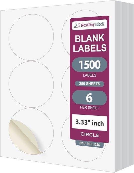NextDayLabels 3.33 Inch Round Circle Stickers White Blank Labels for Laser Inkjet Printer - 6 Per Sheet Self-Adhesive Product Packaging Logo Made in USA - 1500 Labels