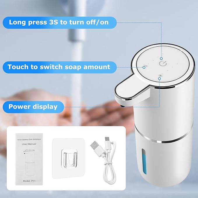 Automatic Foaming Soap Dispenser,Touchless Soap Dispenser with 4 Adjustable Foam Levels,Wall Mounted and USB Rechargeable,12.8oz Large Capacity for Bathroom,Kitchen Sink,Dish Soap