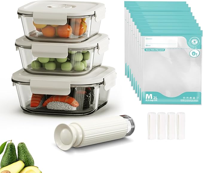Glass Vacuum Seal Containers for Food Storage, Set of 3 Borosilicate Glass Sealer Container, 10 Reusable Food Saver Sealer Bags, Keep Food Fresh Longer, Ideal for Meal Prep, Marinating| Square