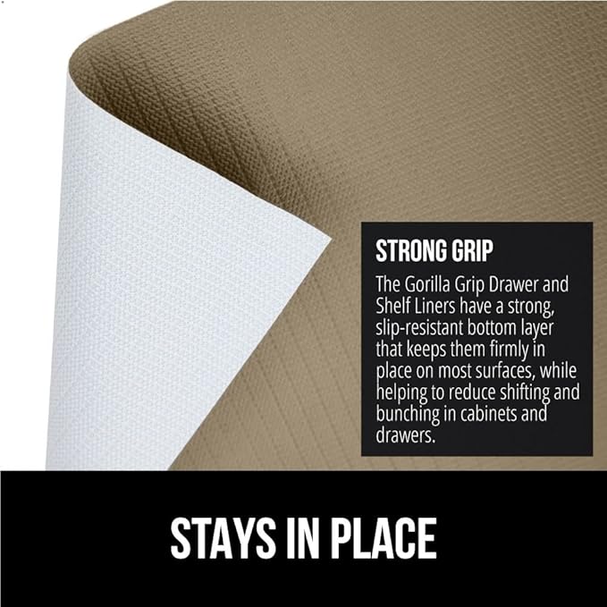 GORILLA GRIP Slip Resistant Drawer and Shelf Liner 2 Pack, Non Adhesive Water Resistant, Easy Clean and Trim, Smooth Surface Liners for Kitchen Cabinet, Shelves, Drawers, Pantry, 12 in x 20 FT, Beige