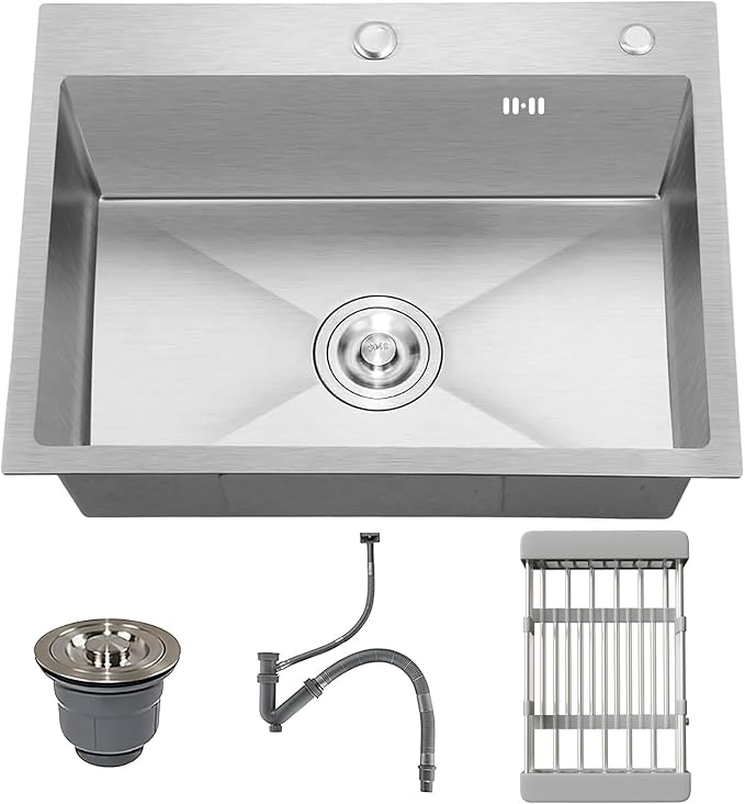 24-inch Single Bowl Kitchen Sink, Drop-in/Top-Mount Stainless Steel with Nano Coating, Includes Drain Kit & Fruit Basket, 24"x18"x8"