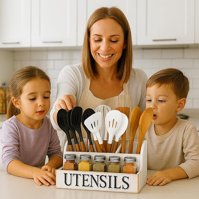 JKS Essentials Large Wooden Kitchen Utensil Holder with 4 Compartments | White Farmhouse Utensil Organizer for Countertop, Rustic Cooking Utensil Caddy, Silverware & Spoon Storage | White Wood Grain