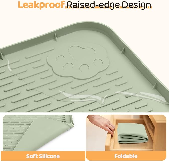 Dog Food Mat, Extra Large 34" x 22" Silicone Pet Feeding Mat with Raised Edge Pet Placemat for Small, Medium, and Large Pets Non-Slip, Easy to Clean (Light Green)