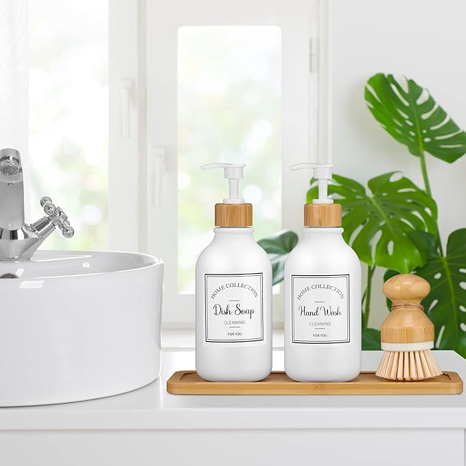 Zopeal 4 Pcs 16 oz Kitchen Soap Dispenser Set with Bamboo Tray and Dish Brush Plastic Soap Dispenser Set with Waterproof Labels for Hand Dish Lotion(Frosted White)