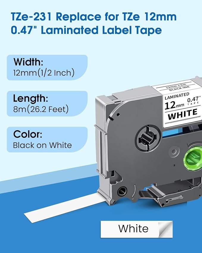 10-Pack TZe-231 TZe 12mm 0.47 Inch Laminated White Compatible for Brother TZe231 TZ-231 Label Tape Work with Ptouch PTD200 PTD202 PTD210 PTD600 PTD400 PTH100 PTH110 PT1280 Label Maker, Black on White