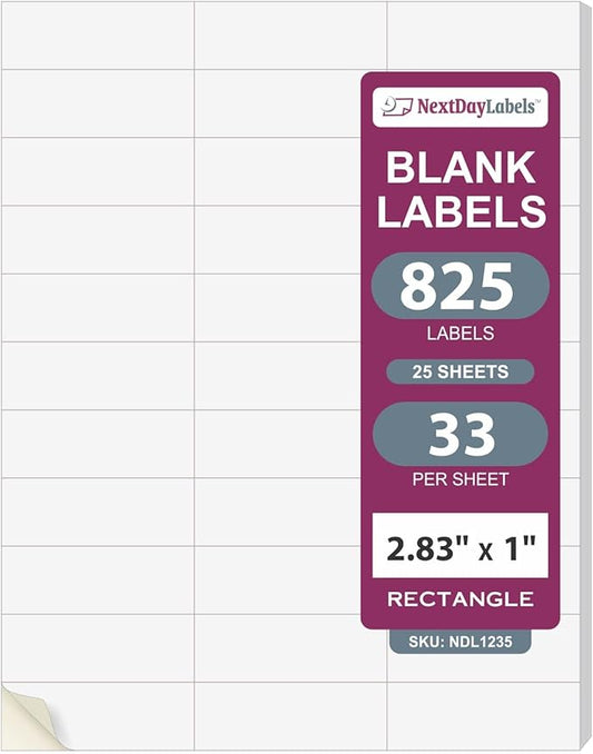 NextDayLabels 2.83x1 Inch Rectangle Stickers White Blank Labels for Laser Inkjet Printer - 33 Per Sheet Self-Adhesive Address Mailing Barcode Made in USA - 825 Labels