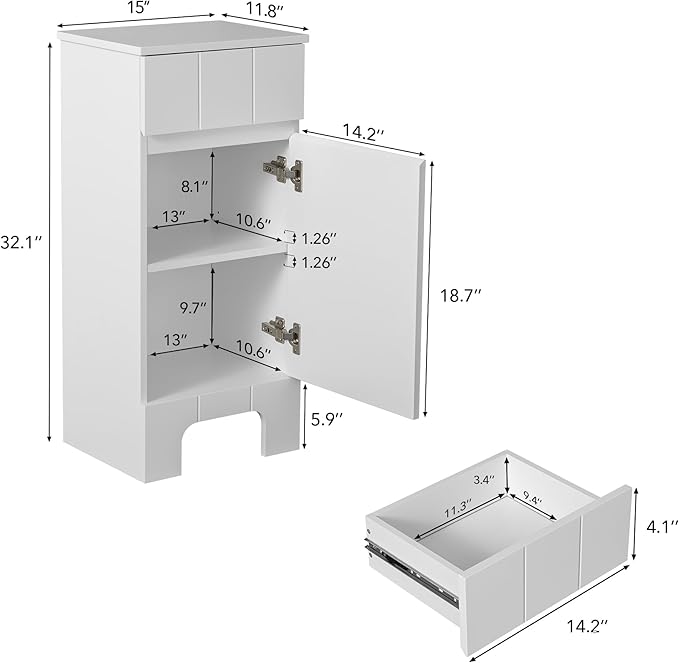 VANIRROR Small Bathroom Cabinet with Adjustable Shelves, Drawer, Anti-Tip Design, 14.96" L x 11.81" W x 32.09" H, Durable MDF for Bathroom, Kitchen, Laundry, Soft-Close Door