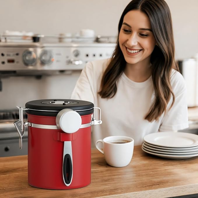 ShanSon Coffee Canister Airtight Coffee Container Stainless Steel Coffee Bean Storage Container with Scoop Coffee Canister for Beans Grounds Sugar Flour Tea Cereal,11OZ,Red
