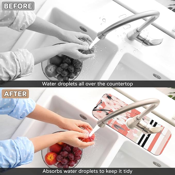 Petals Stripe Kitchen Faucet Mat Splash Guard, 15.4”x5.7” Absorbent Quick Drying Sink Mat for Countertop Protection, Draining Mat Sink Protectors For Kitchen Bathroom, 1 Pack