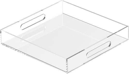 Acrylic Tray 10x10 with Cut Handles - Spill Proof Decorative Tray is an Ideal Countertop Organizer for Living Rooms, Ottoman Coffee Tables, Offices, Kitchens & Serving Guests