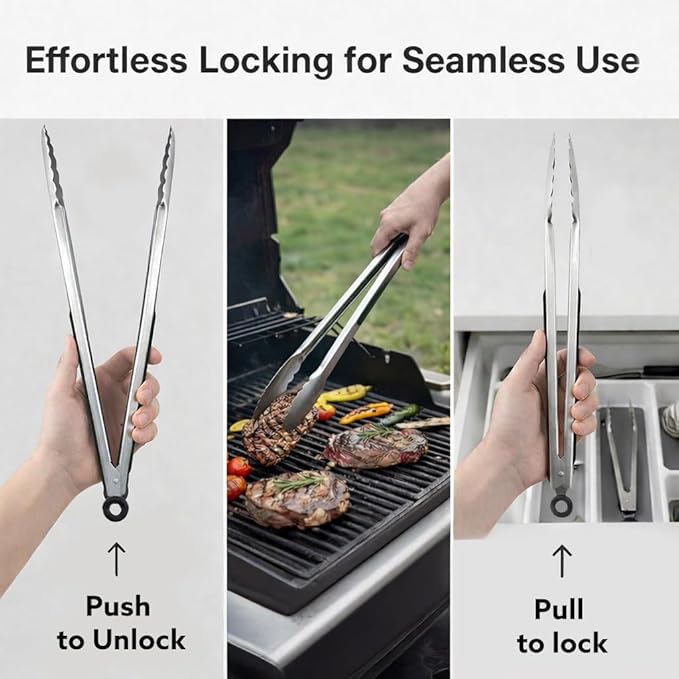Kona Premium Stainless-Steel Locking Grill Tongs [Set of 2] 18 inch, Sturdy, Heavy Duty Tongs - Great for Cooking, Grilling, and Barbecue (BBQ)