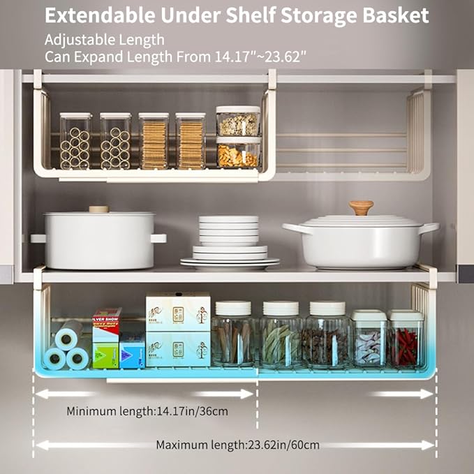 Extendable Under Shelf Storage Basket, Hanging Baskets Under Cabinet Shelf Organizer, for Cabinet Pantry Kitchen Cupboard Desk Counter Bookshelf Space Saver Heavy Duty Slide-in (Black, 2 Pack)