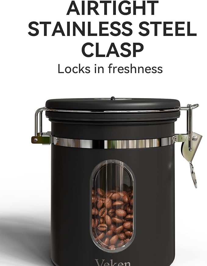 Veken Coffee Canister Gift Set with Window, Airtight Stainless Steel Kitchen Food Storage Container with Date Tracker and Scoop for Grounds Coffee, Beans, Tea, Flour, Cereal, Sugar, 22&16OZ,Black