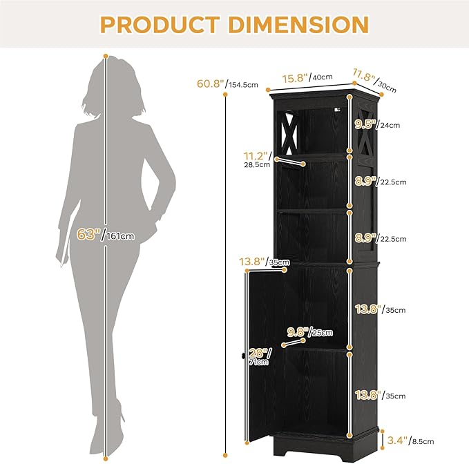 Viroformo Narrow Bathroom Storage Cabinet with Door and Open Adjustable Shelves, 60.9" H Wooden Tall Tower Corner Farmhouse Cabinet, Freestanding Organizer for Kitchen, Entryway Black