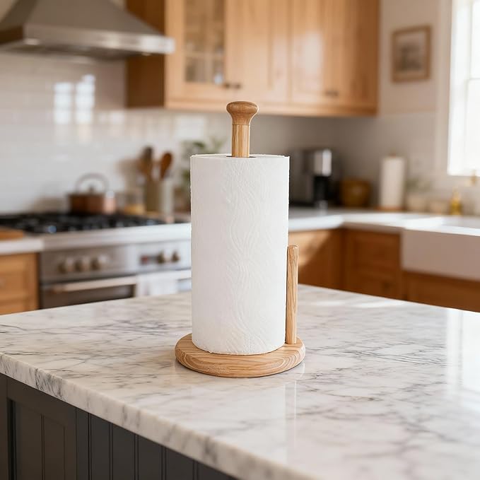 E-ROOM TREND Wooden Paper Towel Holder Countertop, Paper Towel Holder Stand Natural Wood Dia 7" Large Round Base Roll Organizer for Kitchen Bathroom Dining Table Home (ZJ281Y)