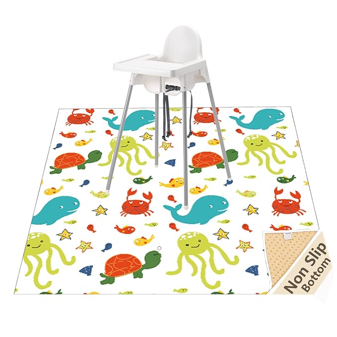 Splat Mat for Under Highchair/Arts/Crafts, WOMUMON Baby Reusable Waterproof Anti-Slip Floor Splash Mat, Portable Play Mat and Table Cover (51", Seaworld)
