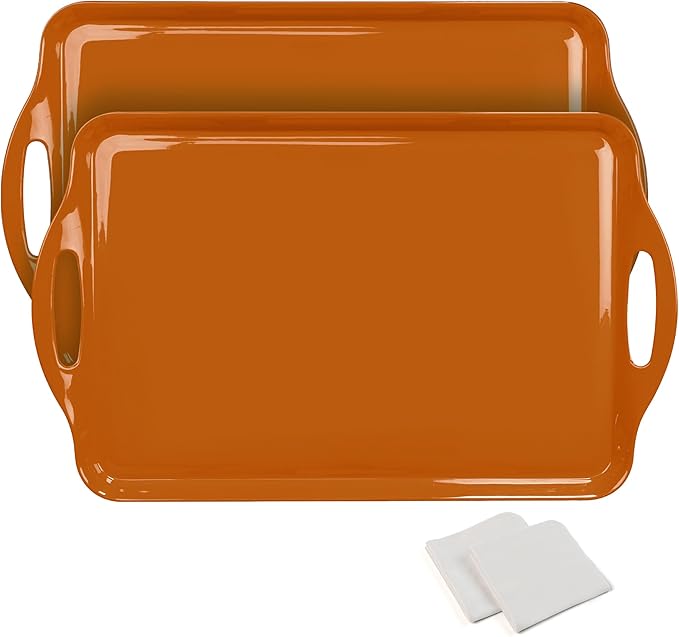 Extra Large Serving Tray with Handles, 19''x11.6'' Rustic Orange Melamine Platters, Rectangular Trays for Serving Food, Turkey, Cookie, Cupcakes, Desserts, Dishwasher Safe, BPA-Free, Set of 2