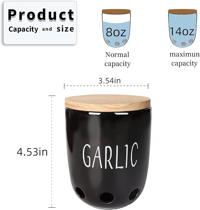 HAOTOP Ceramic Garlic Keeper for Counter, Garlic Saver Container with Wood Lid, Garlic Keeper for Kitchen, Garlic Holder to Keep Your Garlic Cloves Fresh Longer (Black)