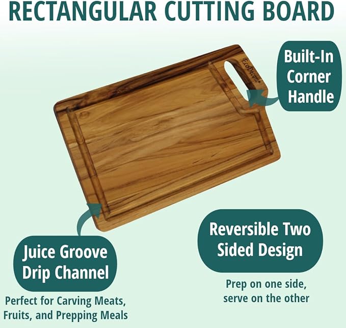 EcoDecors 10"x6" Teak Cutting Board with Juice Groove & Handle, FSC Certified Edge Grain Wood, Small Serving Board for Kitchen, Snacks & Charcuterie