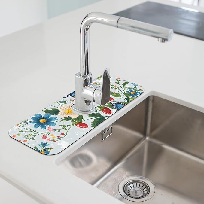 1 PC 15.4*5.7 Inch Absorbent Faucet Mat for Kitchen Butterfly Sink Splash Guard Fast Drying Kitchen Faucet Mat for Bathroom Kitchen