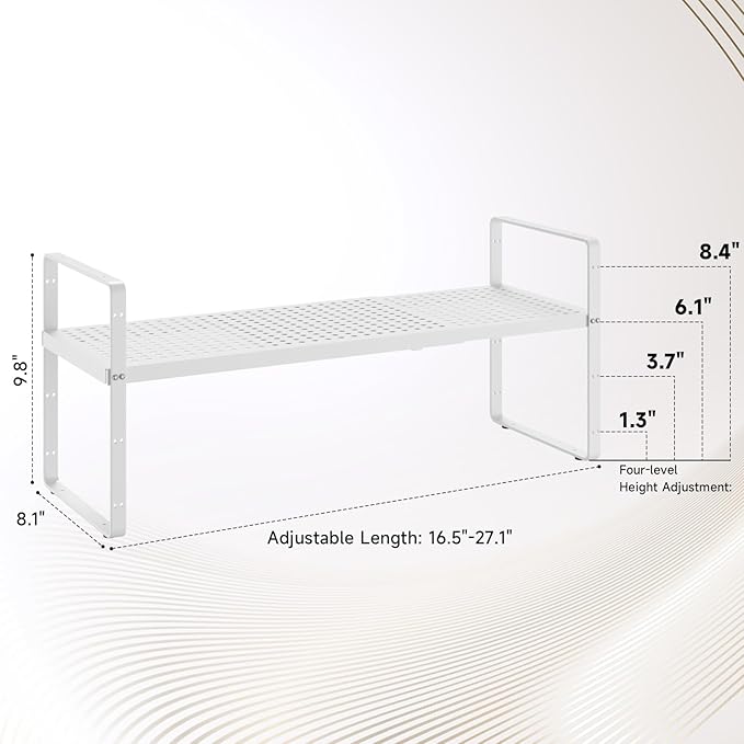taiheis Hole Pattern Expandable Shelf Organizer,1Pack 8.1" Wide Easy to Assemble Cabinet Organizer Shelf, 16.5~27.1" Adjustable Height&Stackable Spice Organization for Cupboard, White
