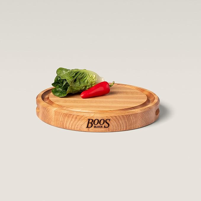 John Boos CB Series Round Wooden Maple Cutting Board 12”x12” – 1.75” Thick, 7-lb Reversible Butcher Block with Juice Groove, Edge-Grain & Finger Grips – Made in the USA