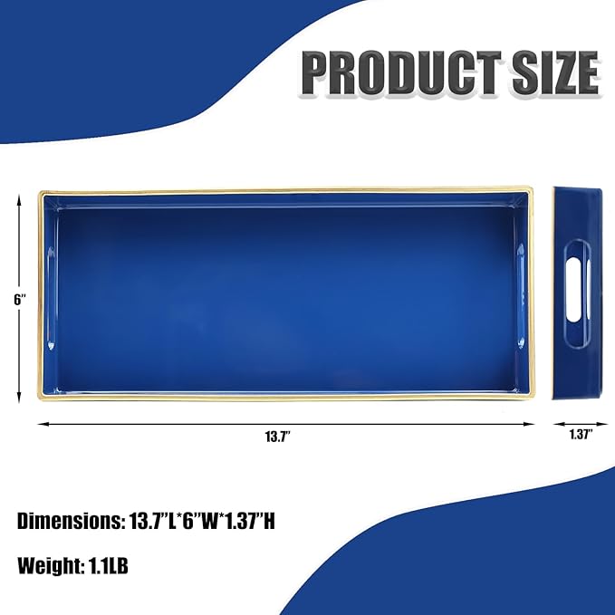 Leemxiiny Blue Bathroom Vanity Tray for Countertop, Small Plastic Toilet Tank Versatile Storage & Organization Tray for Makeup, Perfume, Desk, Kitchen, Candles, 13.7"x6"x1.4", 35HB