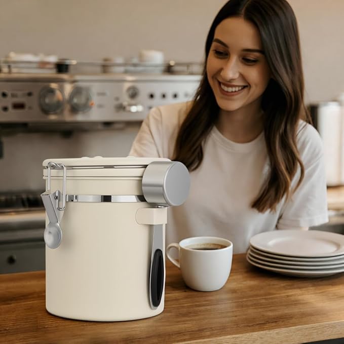 ShanSon Coffee Canister Airtight Coffee Container Stainless Steel Coffee Bean Storage Container with Scoop Coffee Canister for Beans Grounds Sugar Flour Tea Cereal,11OZ,Beige