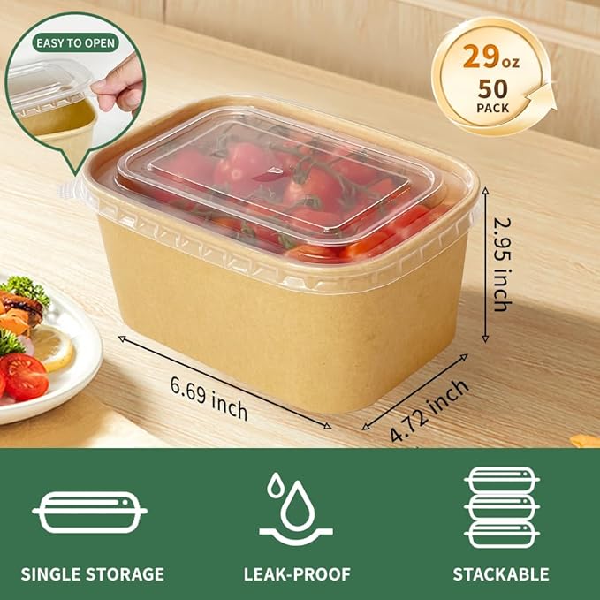 29 oz Disposable Meal Prep Containers, 50-Pack Disposable Food Containers with Lids, Large 1000ml Leakproof Paper Food Containers Treat Soup Serving Bowls Microwave Safe for Hot/Cold Food