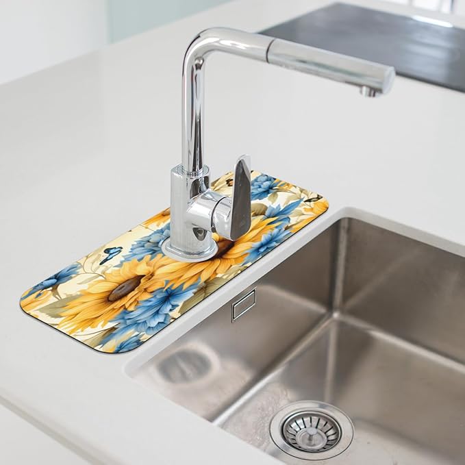 Sunflower Blue Bloom Kitchen Faucet Mat Splash Guard, 15.4”x5.7” Absorbent Quick Drying Sink Mat for Countertop Protection, Draining Mat Sink Protectors For Kitchen Bathroom, 1 Pack
